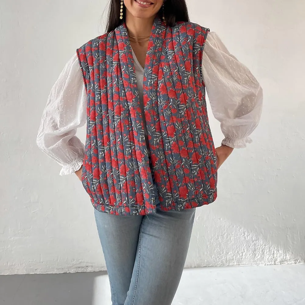 IMISSILLEB Women Vintage Cropped Floral Quilted Vest Sleeveless Reversible Puffer Jacket Fall Lightweight Padded Coat Gilet