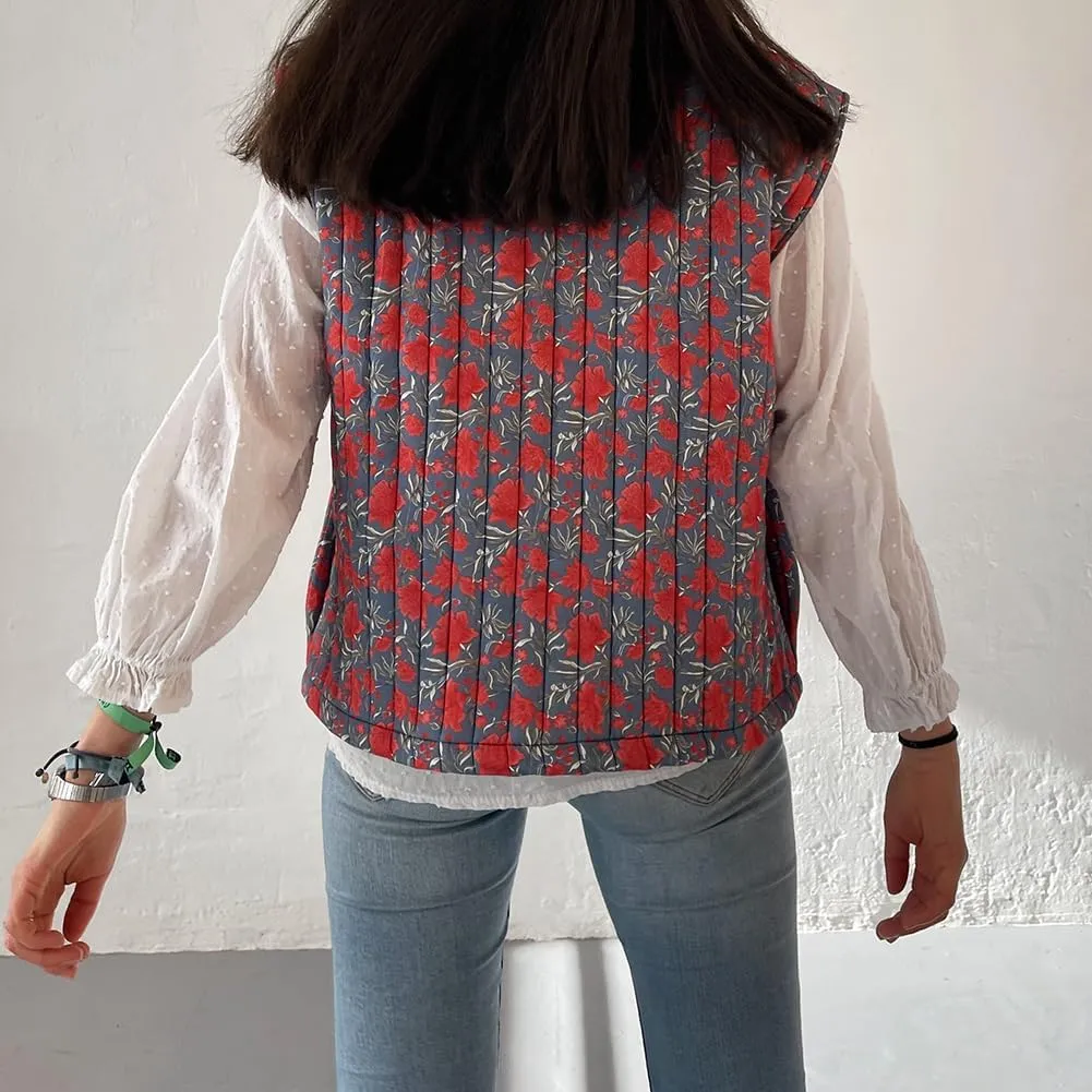 IMISSILLEB Women Vintage Cropped Floral Quilted Vest Sleeveless Reversible Puffer Jacket Fall Lightweight Padded Coat Gilet