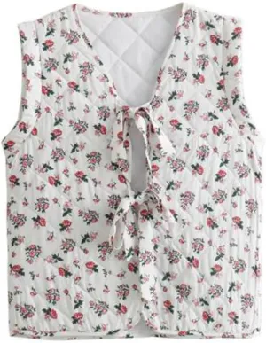 IMISSILLEB Women Vintage Cropped Floral Quilted Vest Sleeveless Reversible Puffer Jacket Fall Lightweight Padded Coat Gilet
