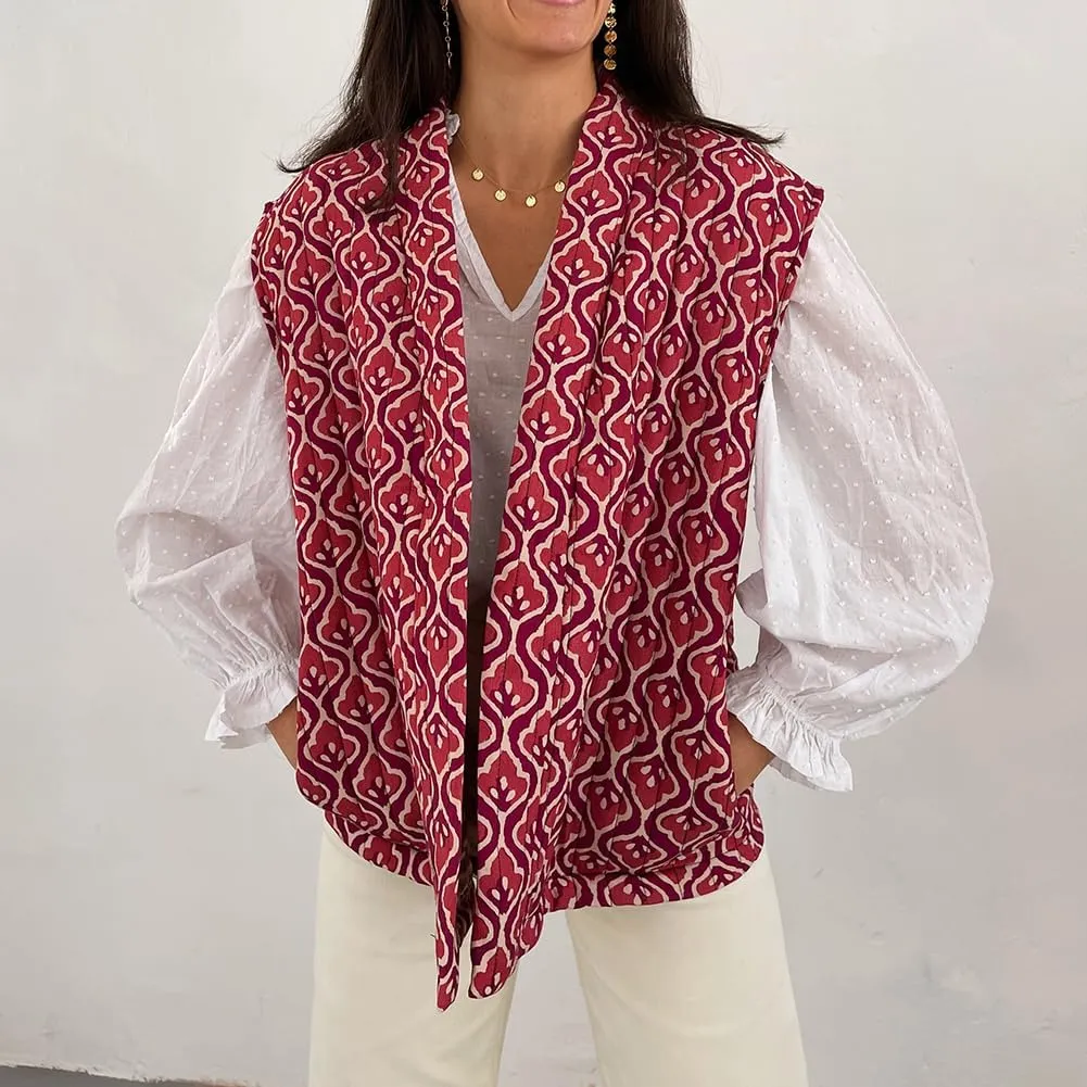 IMISSILLEB Women Vintage Cropped Floral Quilted Vest Sleeveless Reversible Puffer Jacket Fall Lightweight Padded Coat Gilet