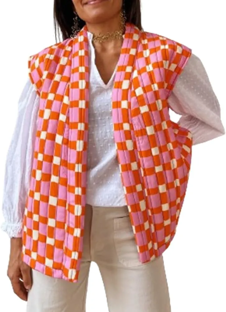 IMISSILLEB Women Vintage Cropped Floral Quilted Vest Sleeveless Reversible Puffer Jacket Fall Lightweight Padded Coat Gilet