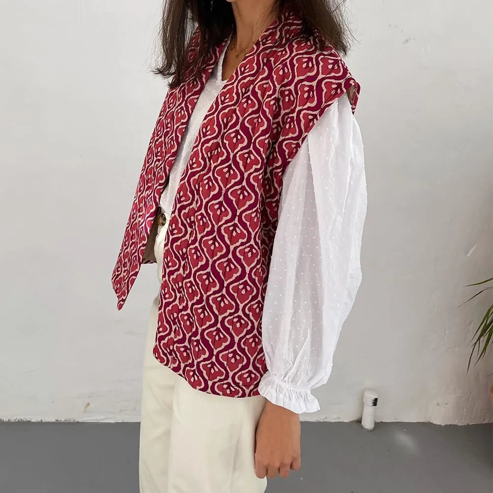 IMISSILLEB Women Vintage Cropped Floral Quilted Vest Sleeveless Reversible Puffer Jacket Fall Lightweight Padded Coat Gilet