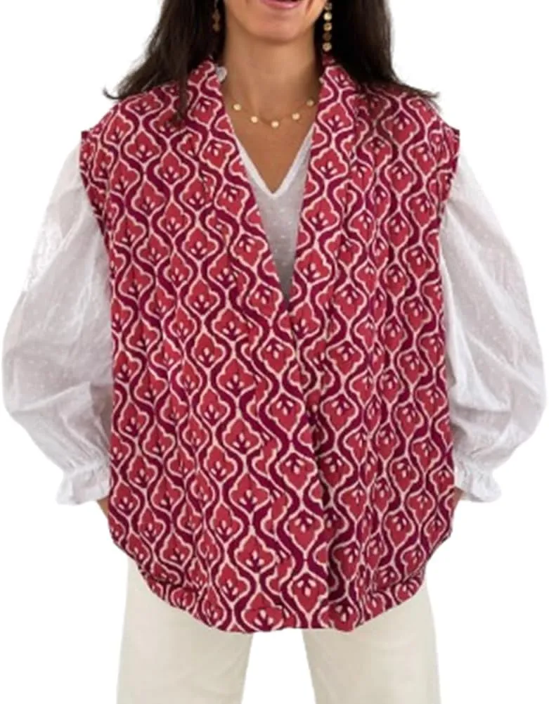 IMISSILLEB Women Vintage Cropped Floral Quilted Vest Sleeveless Reversible Puffer Jacket Fall Lightweight Padded Coat Gilet