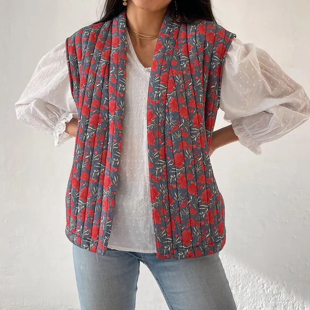 IMISSILLEB Women Vintage Cropped Floral Quilted Vest Sleeveless Reversible Puffer Jacket Fall Lightweight Padded Coat Gilet