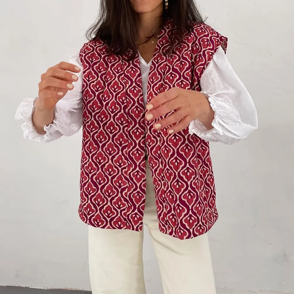 IMISSILLEB Women Vintage Cropped Floral Quilted Vest Sleeveless Reversible Puffer Jacket Fall Lightweight Padded Coat Gilet