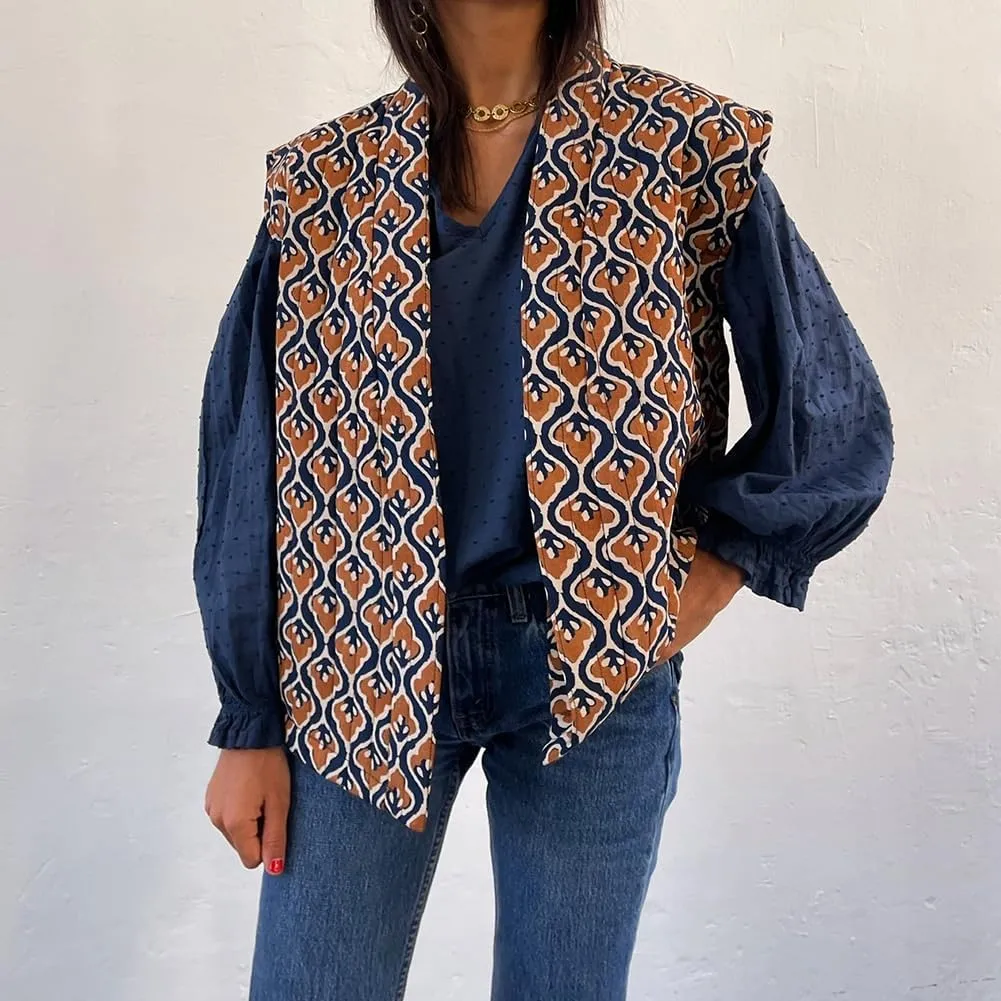 IMISSILLEB Women Vintage Cropped Floral Quilted Vest Sleeveless Reversible Puffer Jacket Fall Lightweight Padded Coat Gilet
