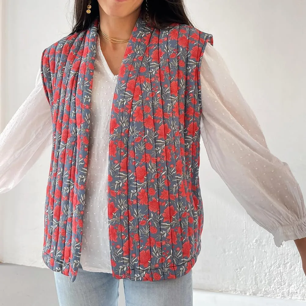 IMISSILLEB Women Vintage Cropped Floral Quilted Vest Sleeveless Reversible Puffer Jacket Fall Lightweight Padded Coat Gilet