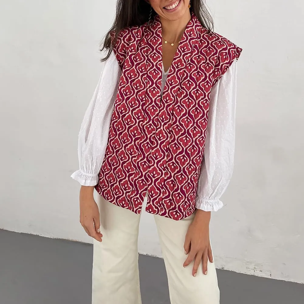 IMISSILLEB Women Vintage Cropped Floral Quilted Vest Sleeveless Reversible Puffer Jacket Fall Lightweight Padded Coat Gilet