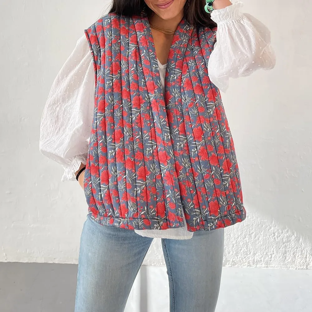 IMISSILLEB Women Vintage Cropped Floral Quilted Vest Sleeveless Reversible Puffer Jacket Fall Lightweight Padded Coat Gilet