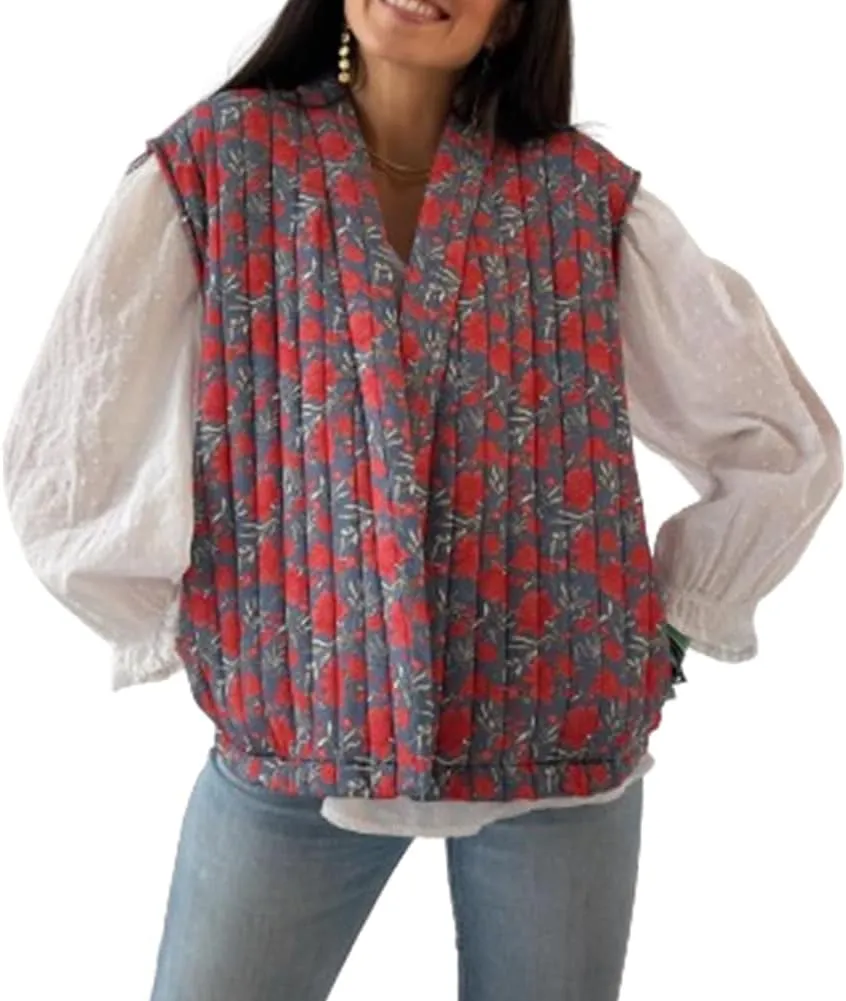 IMISSILLEB Women Vintage Cropped Floral Quilted Vest Sleeveless Reversible Puffer Jacket Fall Lightweight Padded Coat Gilet
