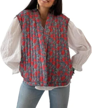 IMISSILLEB Women Vintage Cropped Floral Quilted Vest Sleeveless Reversible Puffer Jacket Fall Lightweight Padded Coat Gilet