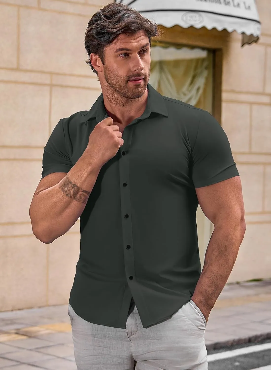 JMIERR Men's Muscle Fit Dress Shirts Summer Casual Button Down Short Sleeve High Stretch Wrinkle-Free Shirt