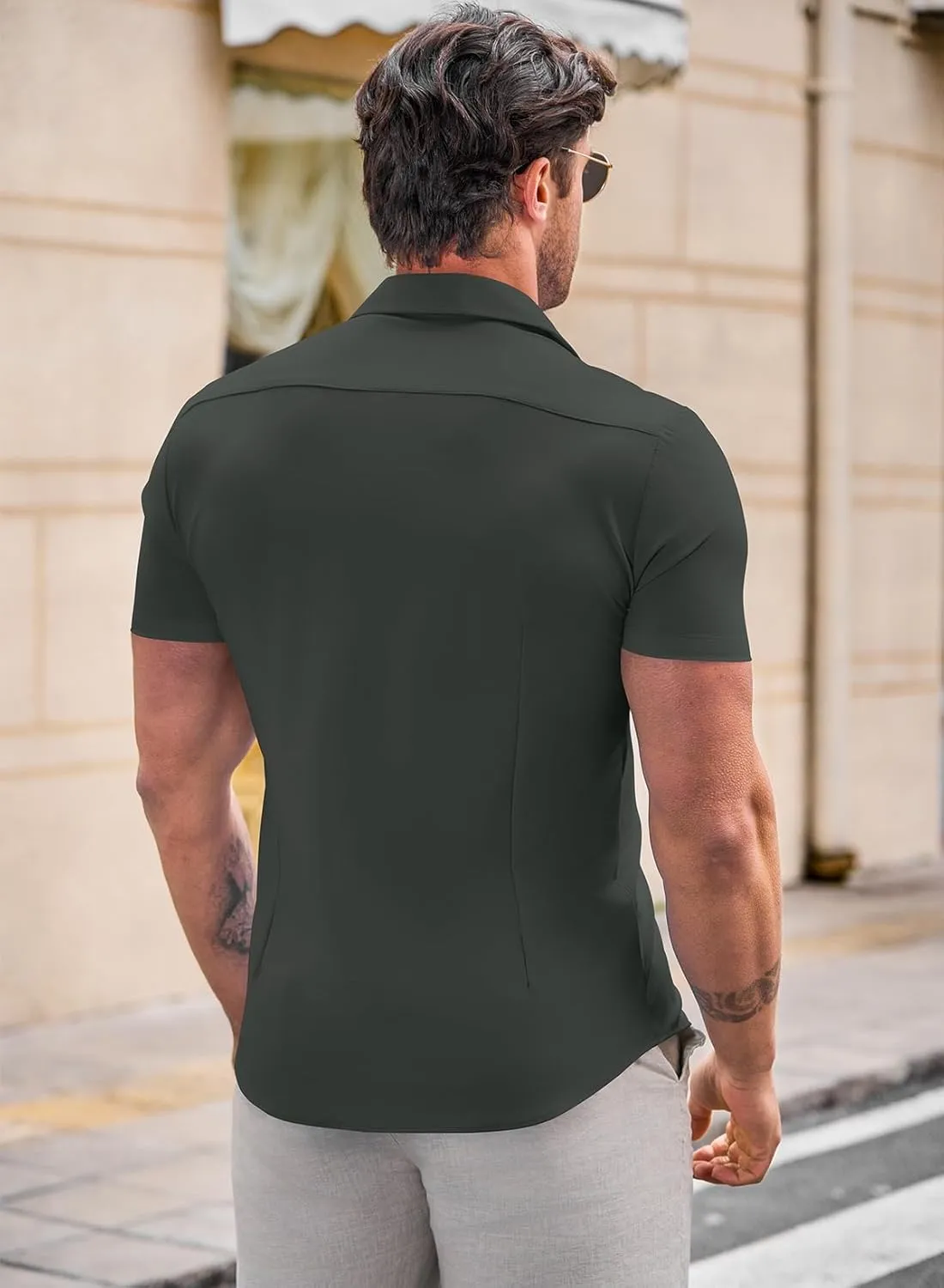JMIERR Men's Muscle Fit Dress Shirts Summer Casual Button Down Short Sleeve High Stretch Wrinkle-Free Shirt