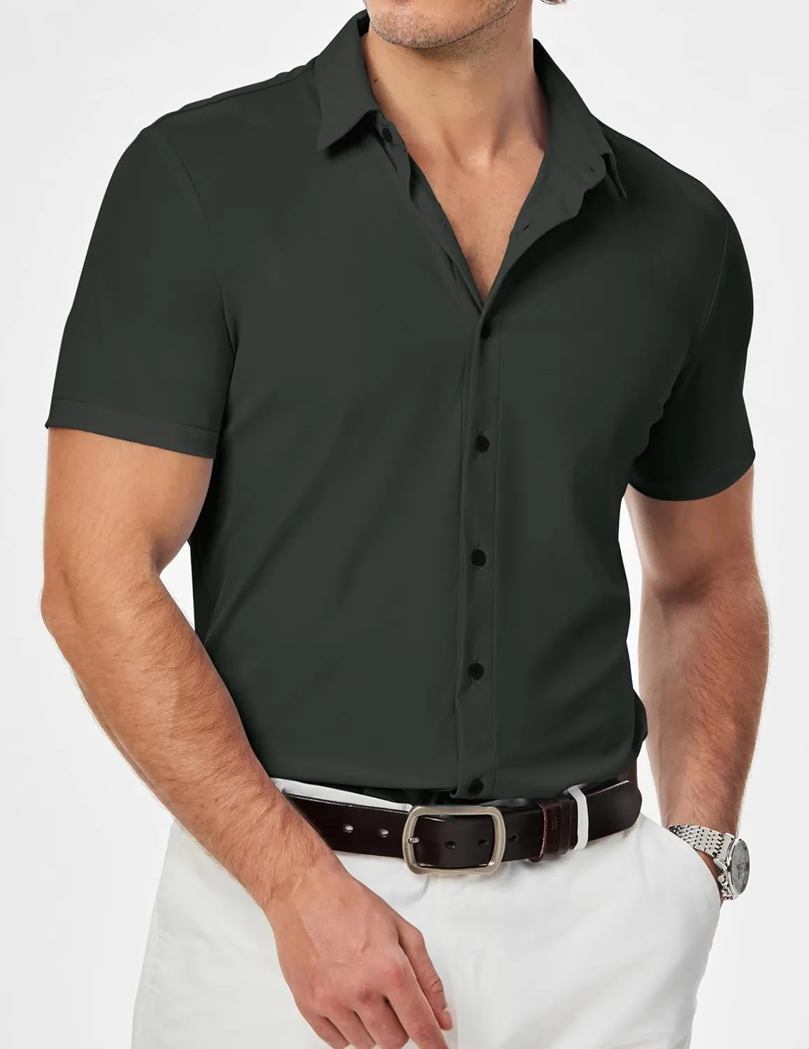 JMIERR Men's Muscle Fit Dress Shirts Summer Casual Button Down Short Sleeve High Stretch Wrinkle-Free Shirt