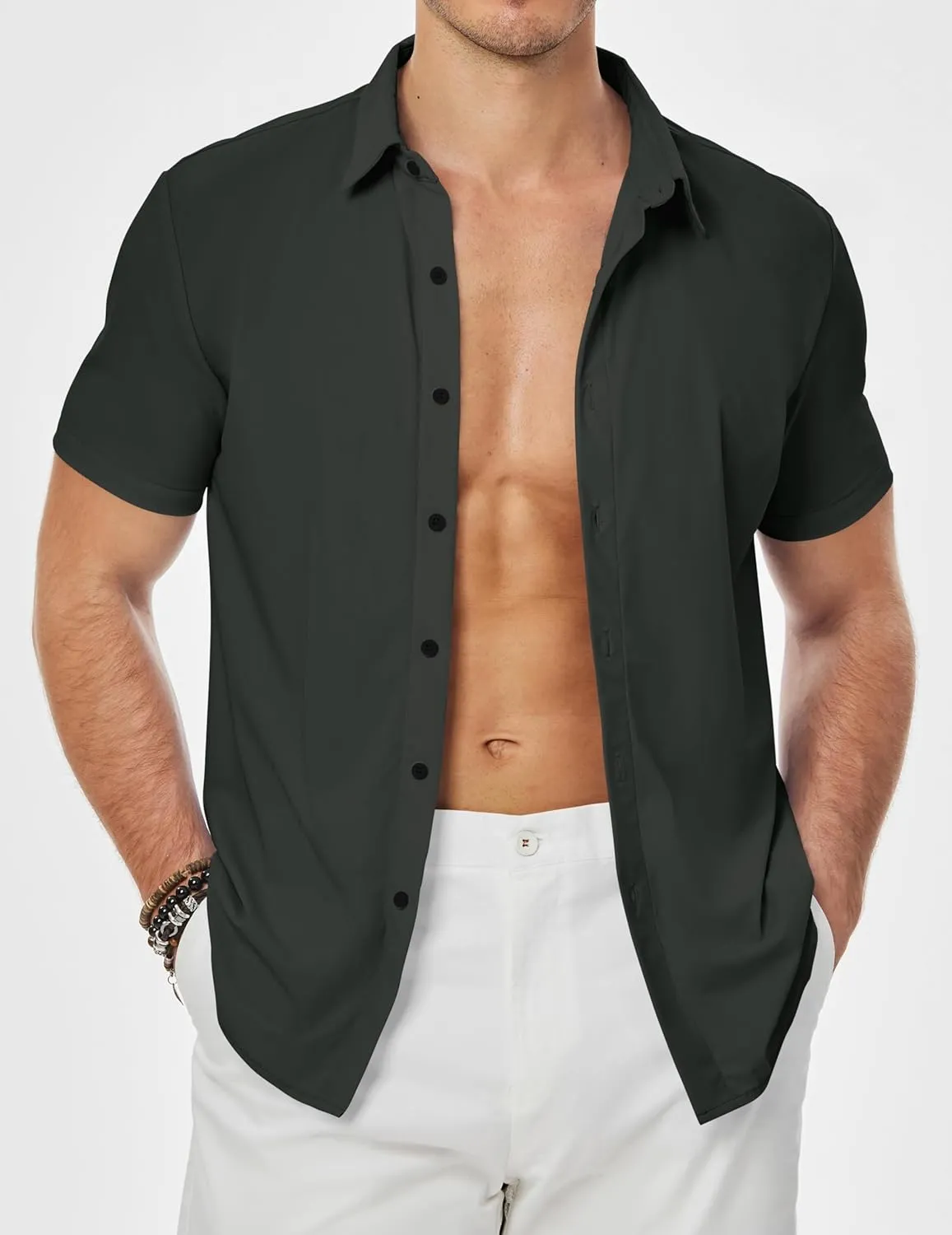 JMIERR Men's Muscle Fit Dress Shirts Summer Casual Button Down Short Sleeve High Stretch Wrinkle-Free Shirt