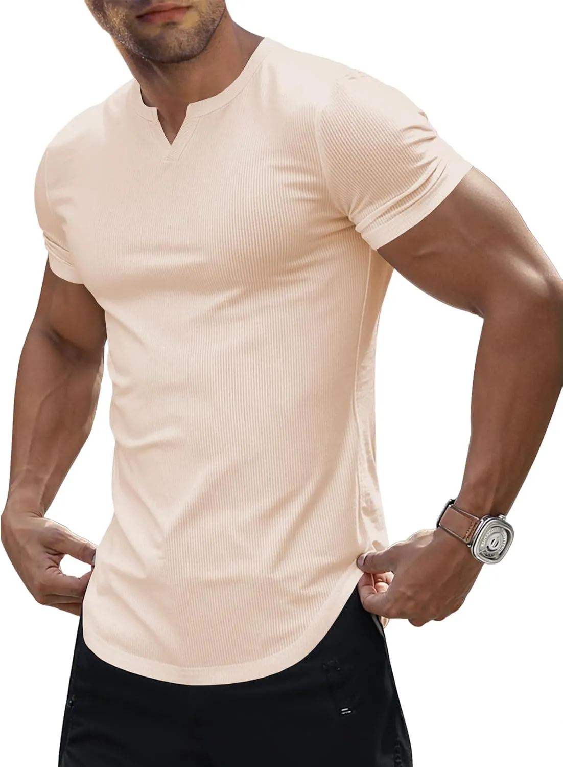 JMIERR Men's Muscle V-Neck T Shirt Short Sleeve Longline Ribbed Henley Shirt Gym Workout Athletic Tee Shirts