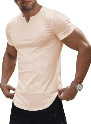 JMIERR Men's Muscle V-Neck T Shirt Short Sleeve Longline Ribbed Henley Shirt Gym Workout Athletic Tee Shirts