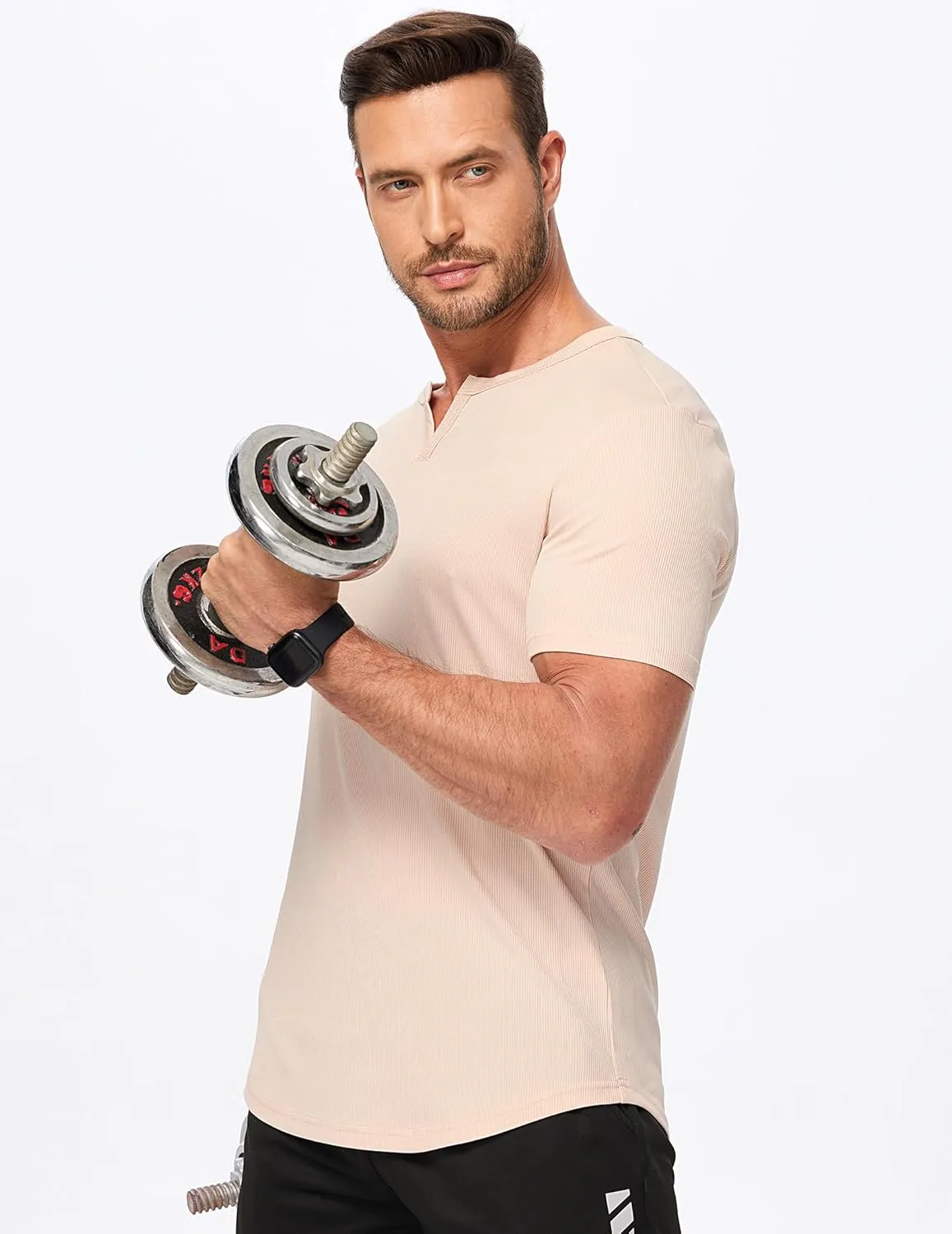 JMIERR Men's Muscle V-Neck T Shirt Short Sleeve Longline Ribbed Henley Shirt Gym Workout Athletic Tee Shirts