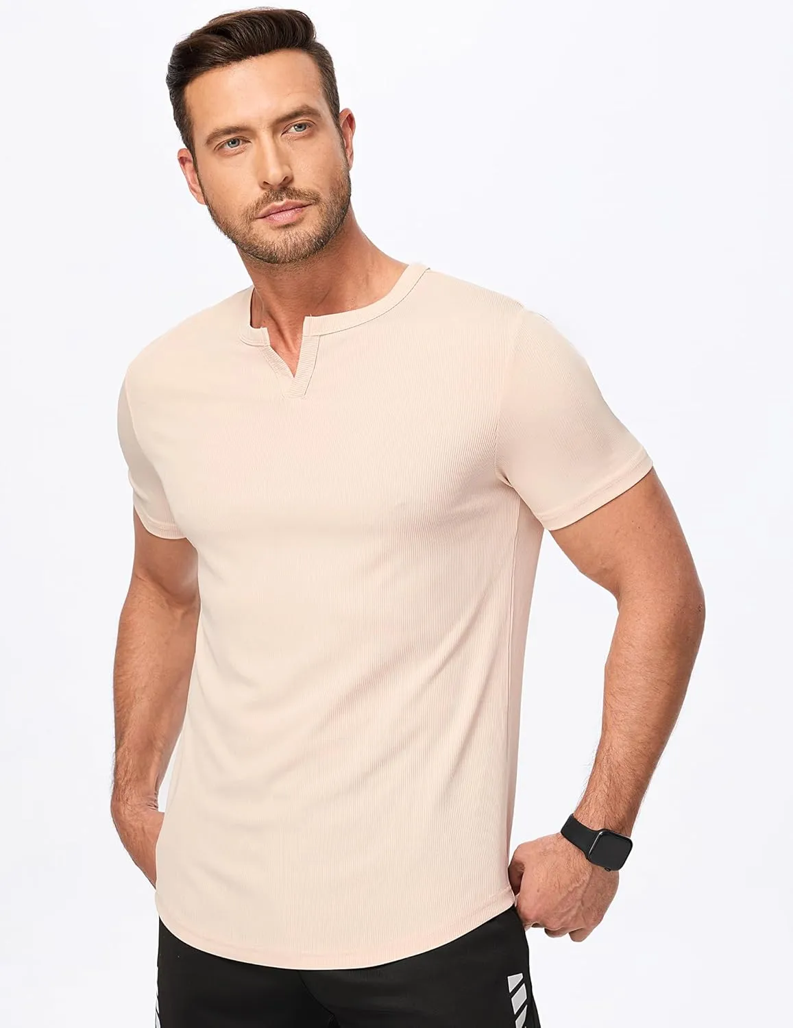 JMIERR Men's Muscle V-Neck T Shirt Short Sleeve Longline Ribbed Henley Shirt Gym Workout Athletic Tee Shirts