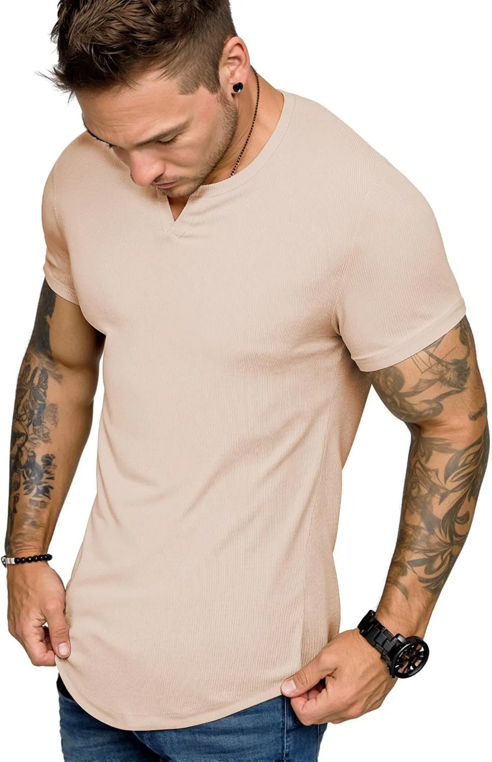 JMIERR Men's Muscle V-Neck T Shirt Short Sleeve Longline Ribbed Henley Shirt Gym Workout Athletic Tee Shirts