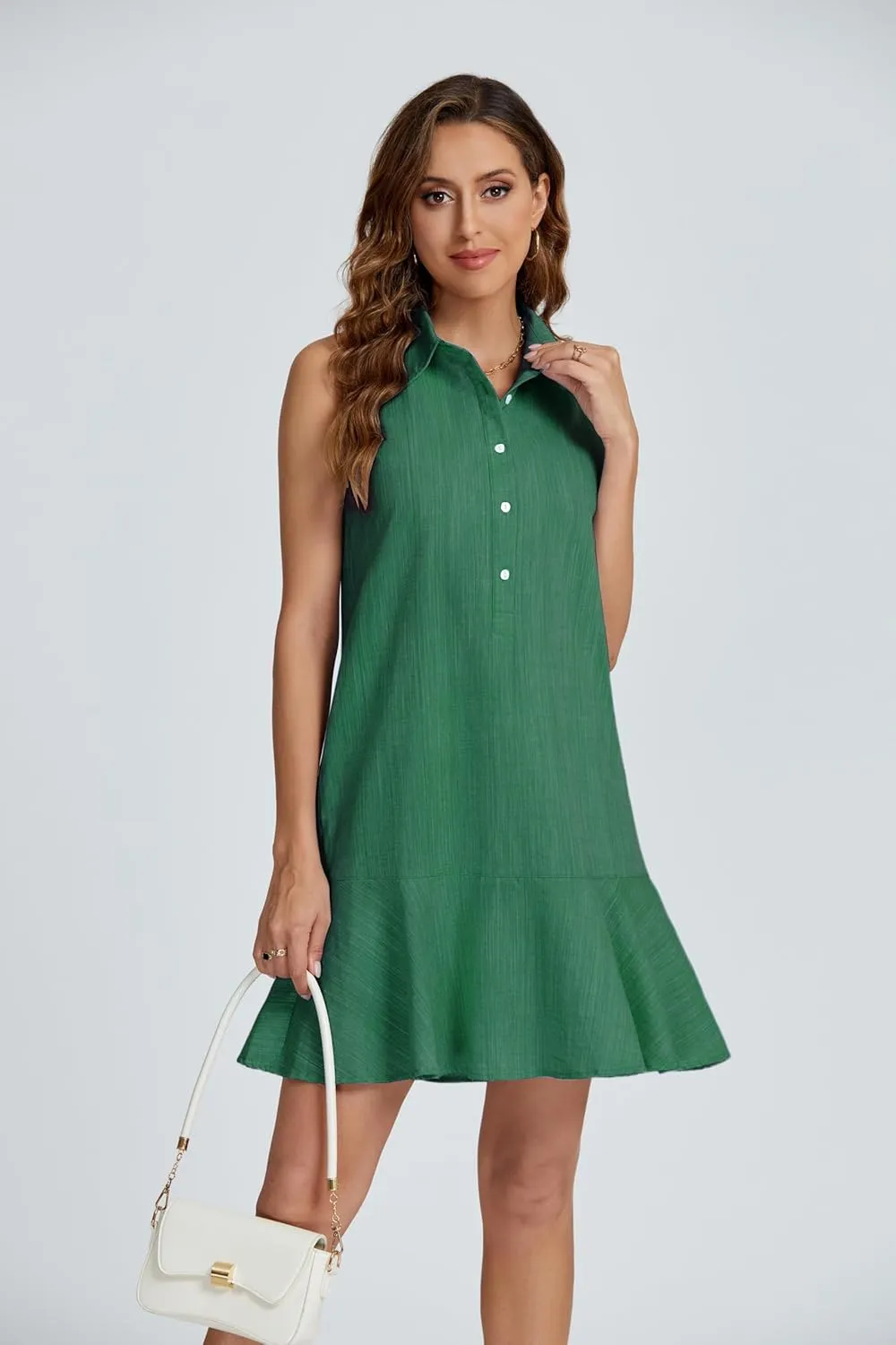 Kedera Women's Tunic Shirt Mini Dress Cotton Linen Shirt Dress Button Up Ruffle Hem Shift Dresses
