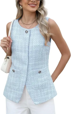 Kedera Women's Tweed Blazer Vest Sleeveless Button Down Slim Fit Vest Casual Blazer Jackets Work Office Vest