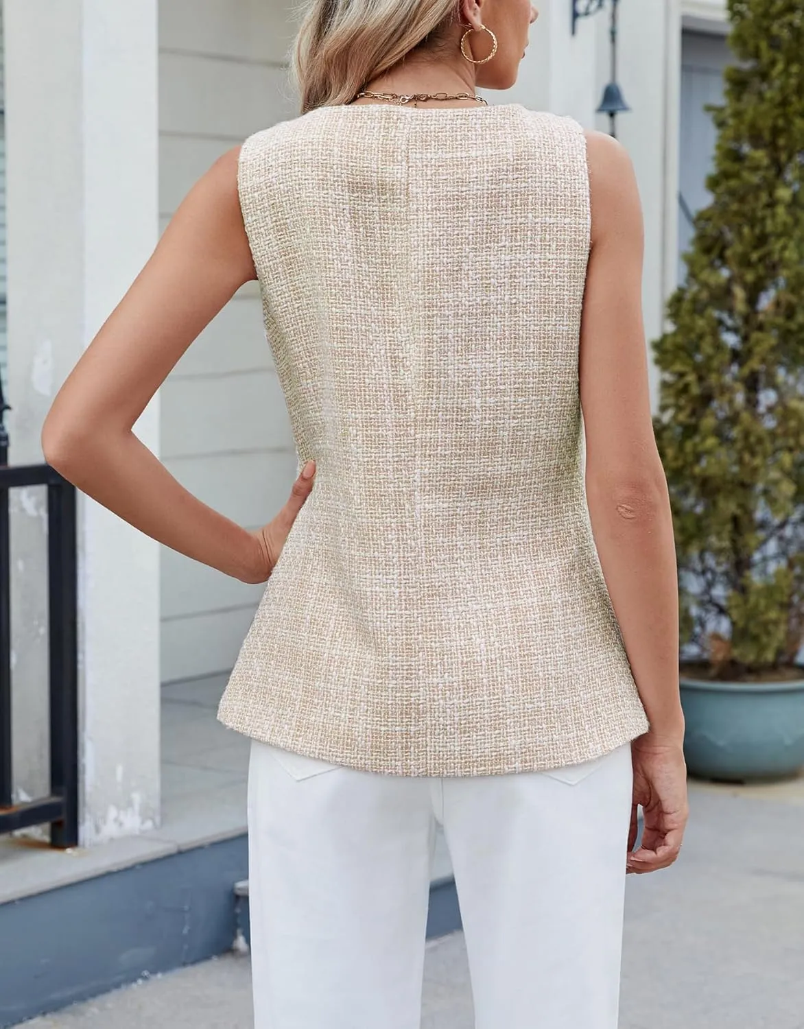Kedera Women's Tweed Blazer Vest Sleeveless Button Down Slim Fit Vest Casual Blazer Jackets Work Office Vest