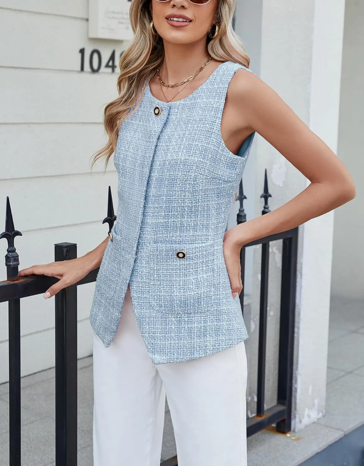 Kedera Women's Tweed Blazer Vest Sleeveless Button Down Slim Fit Vest Casual Blazer Jackets Work Office Vest