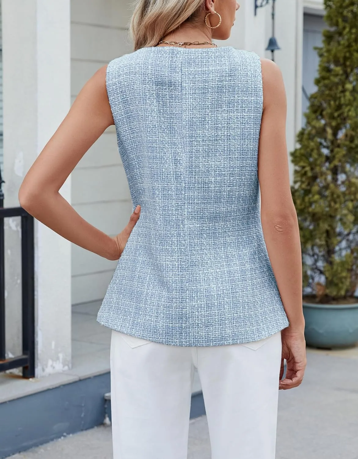 Kedera Women's Tweed Blazer Vest Sleeveless Button Down Slim Fit Vest Casual Blazer Jackets Work Office Vest