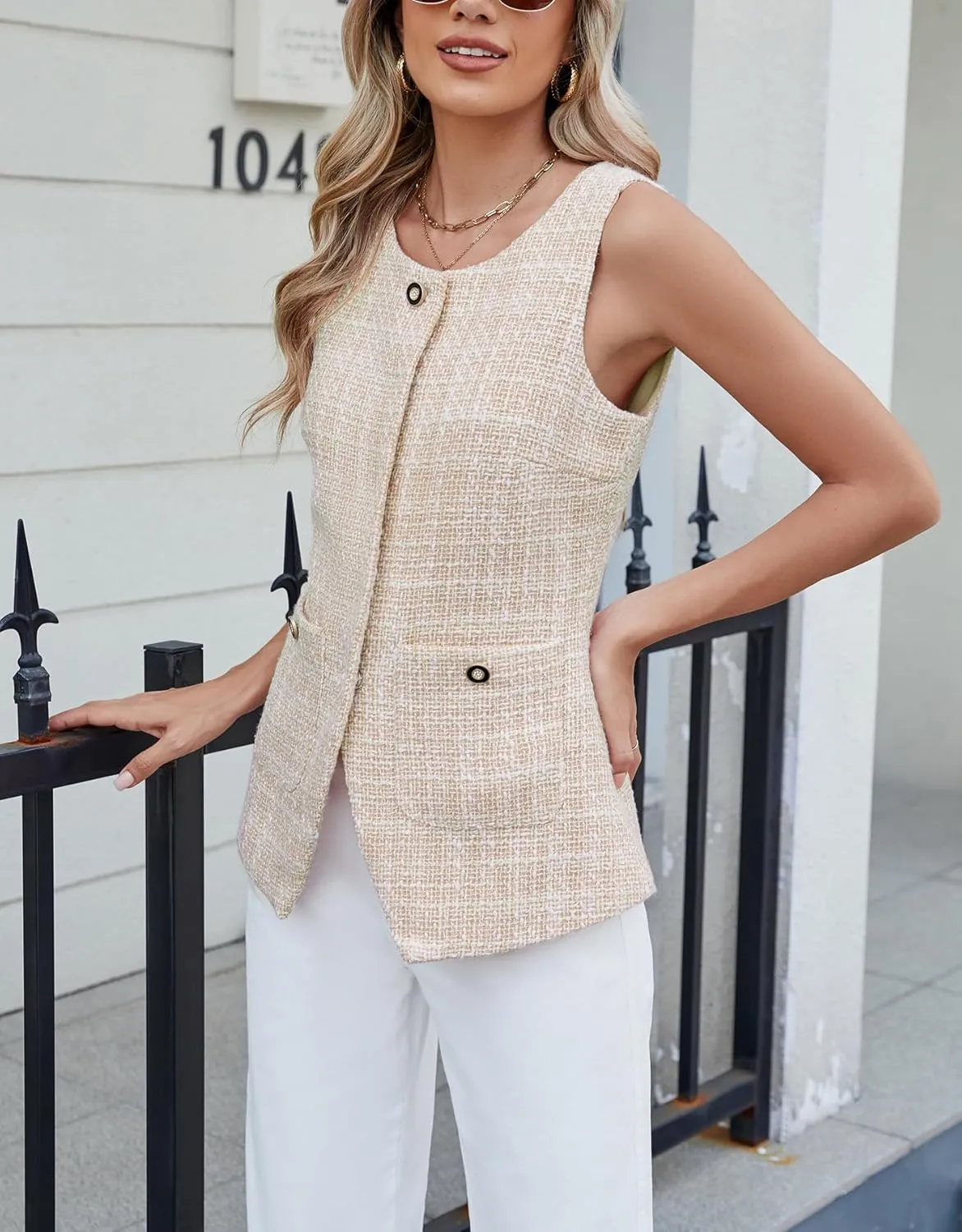 Kedera Women's Tweed Blazer Vest Sleeveless Button Down Slim Fit Vest Casual Blazer Jackets Work Office Vest