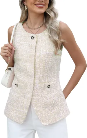 Kedera Women's Tweed Blazer Vest Sleeveless Button Down Slim Fit Vest Casual Blazer Jackets Work Office Vest