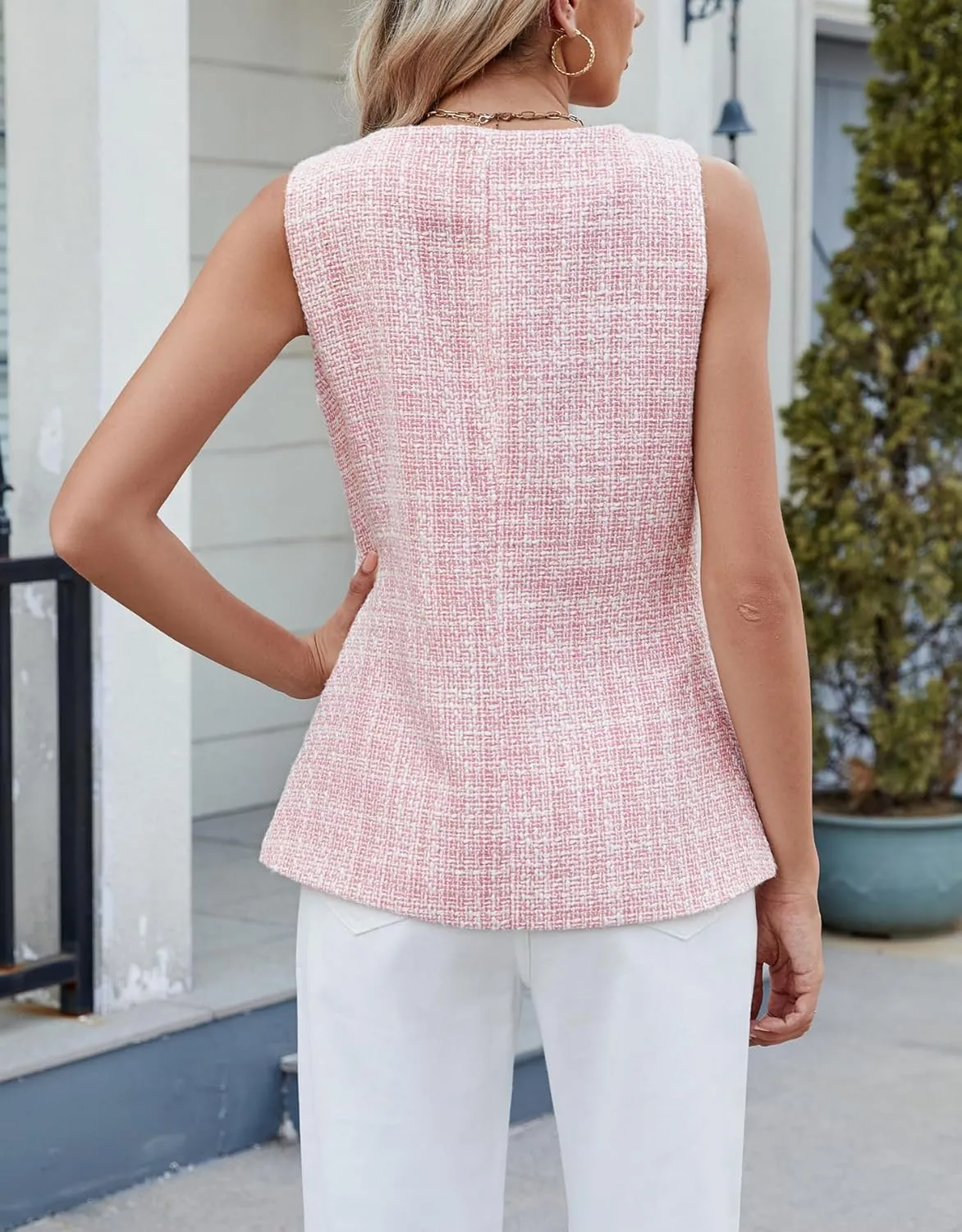 Kedera Women's Tweed Blazer Vest Sleeveless Button Down Slim Fit Vest Casual Blazer Jackets Work Office Vest