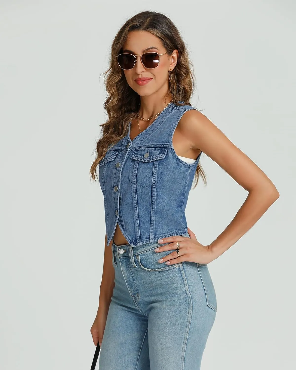 Kedera Women's V Neck Denim Vest Asymmetrical Hem Sleeveless Button Front Jean Vests Crop Tops with Pockets