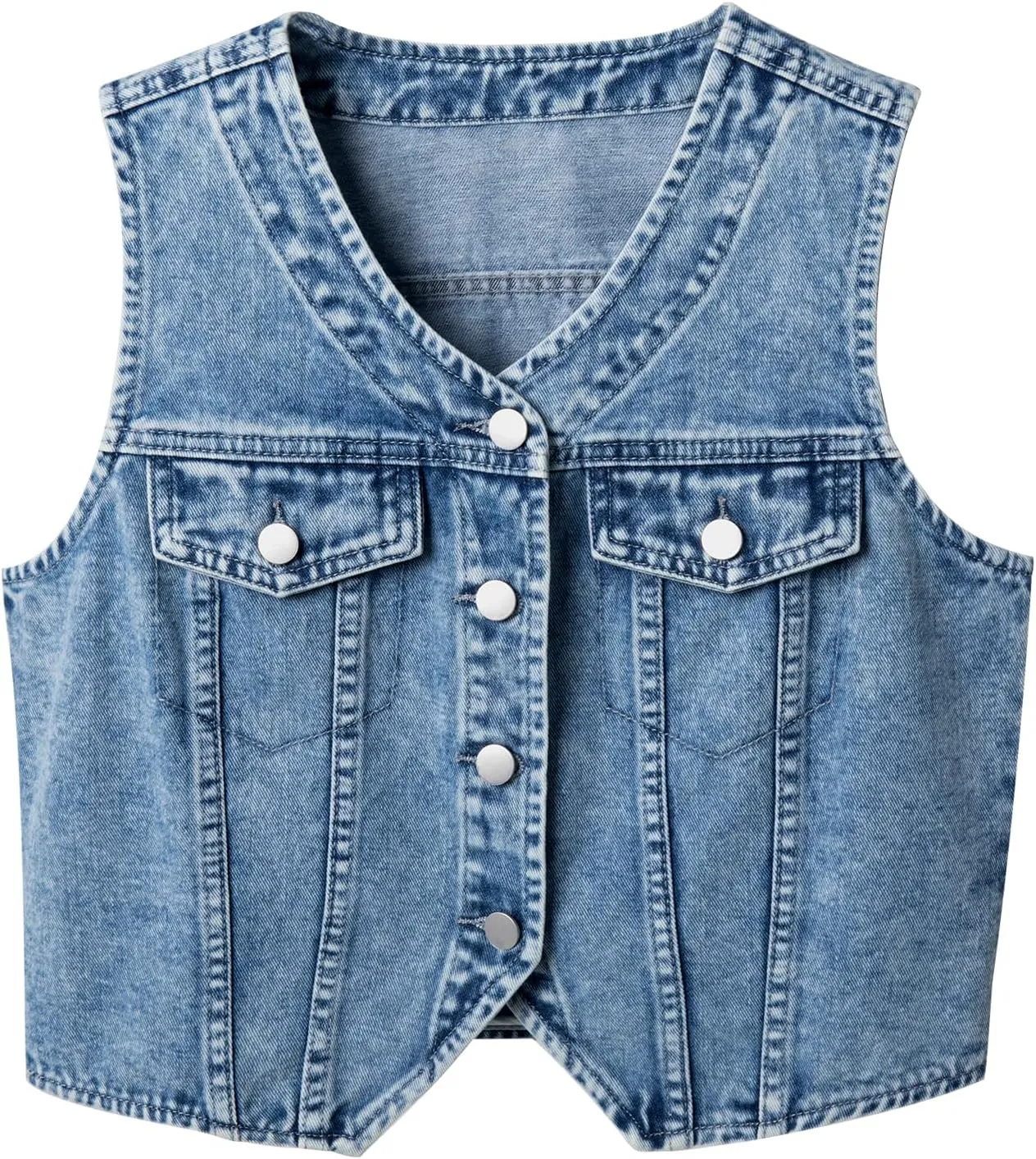 Kedera Women's V Neck Denim Vest Asymmetrical Hem Sleeveless Button Front Jean Vests Crop Tops with Pockets