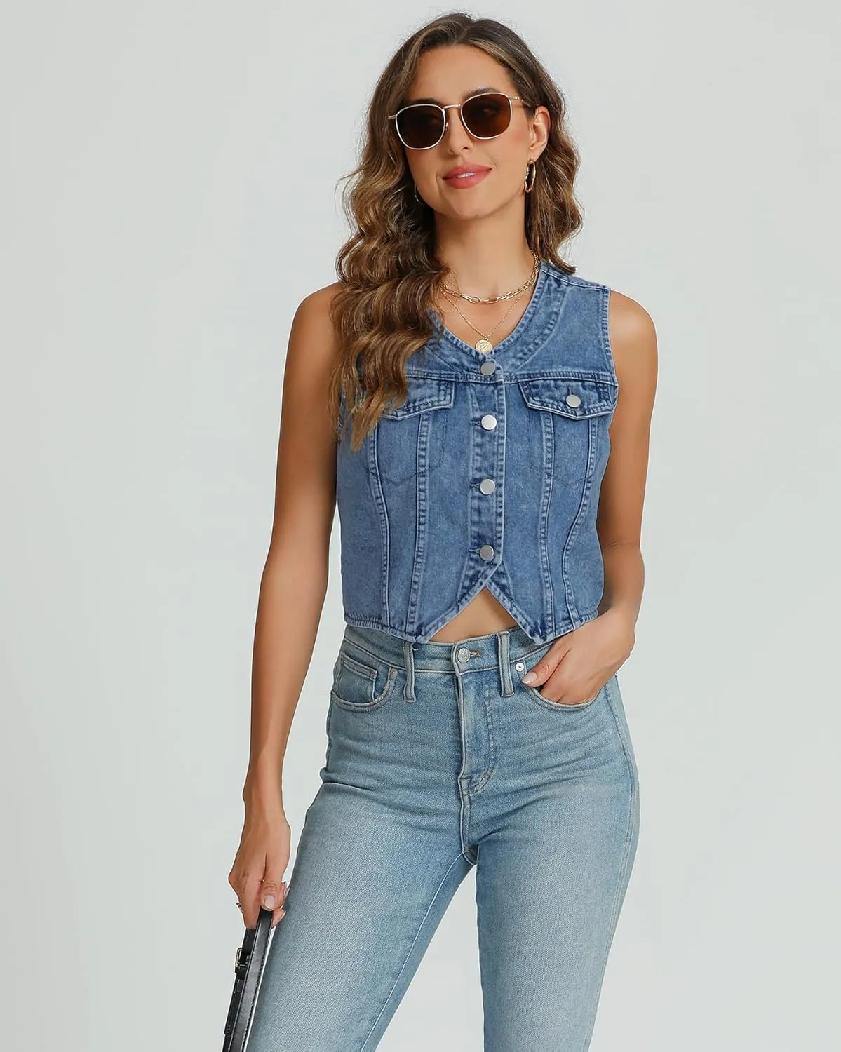 Kedera Women's V Neck Denim Vest Asymmetrical Hem Sleeveless Button Front Jean Vests Crop Tops with Pockets