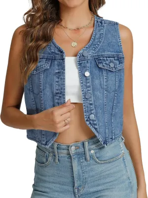 Kedera Women's V Neck Denim Vest Asymmetrical Hem Sleeveless Button Front Jean Vests Crop Tops with Pockets