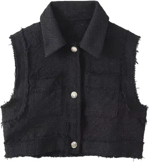 KEOMUD Women's Elegant Crop Vest Tops 2024 Vintage Lapel Button Down Tweed Waistcoats