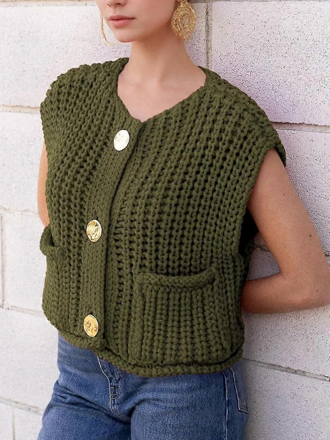 KEOMUD Women's Sleeveless Cropped Knit Cardigan 2025 Casual Button Down Crochet Sweater Vest Tops with Pockets