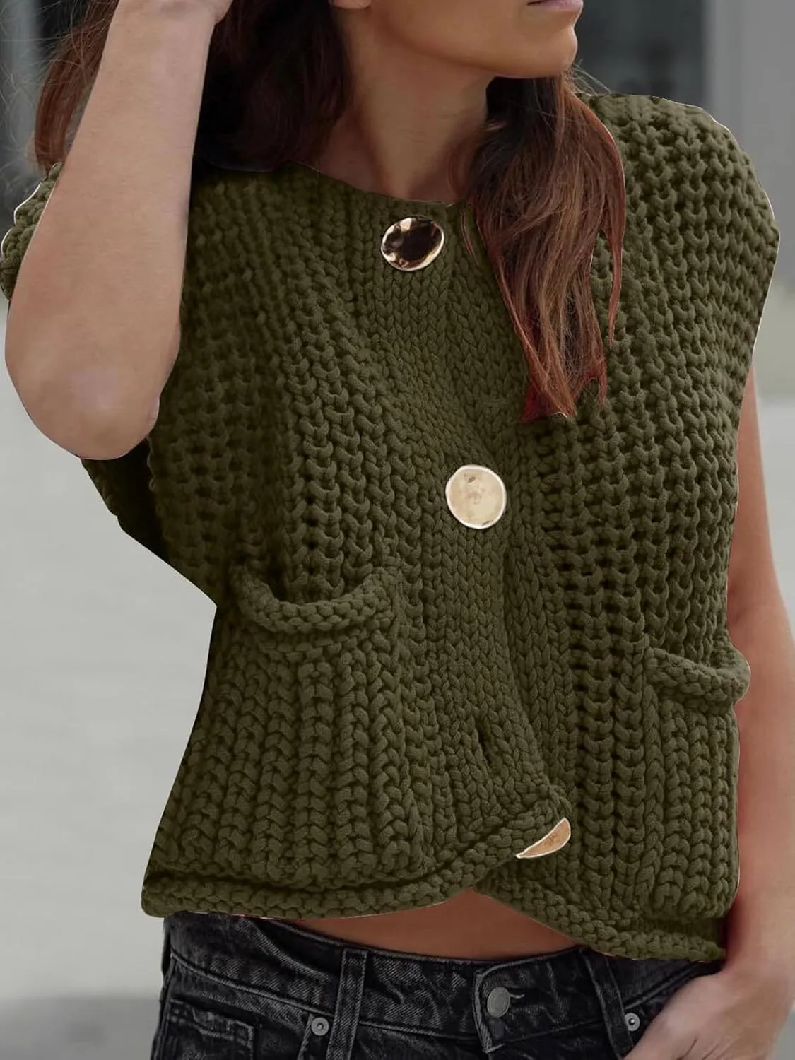 KEOMUD Women's Sleeveless Cropped Knit Cardigan 2025 Casual Button Down Crochet Sweater Vest Tops with Pockets