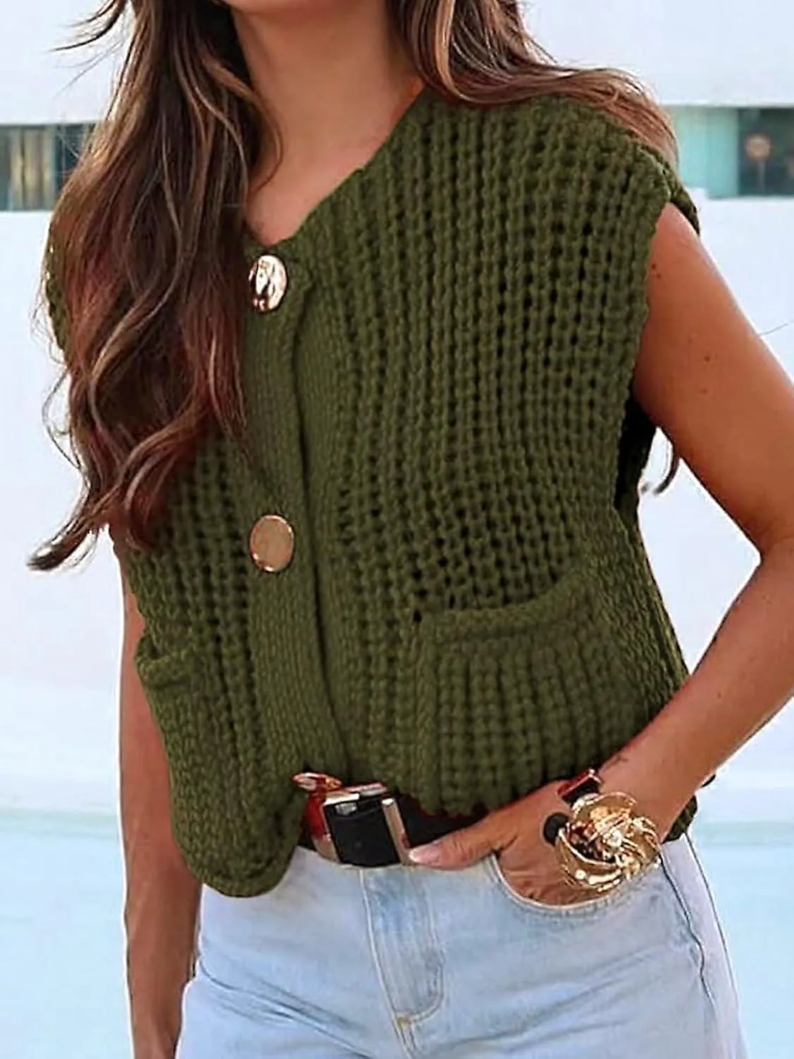 KEOMUD Women's Sleeveless Cropped Knit Cardigan 2025 Casual Button Down Crochet Sweater Vest Tops with Pockets
