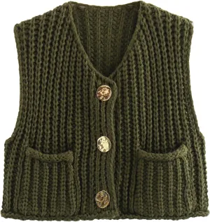 KEOMUD Women's Sleeveless Cropped Knit Cardigan 2025 Casual Button Down Crochet Sweater Vest Tops with Pockets