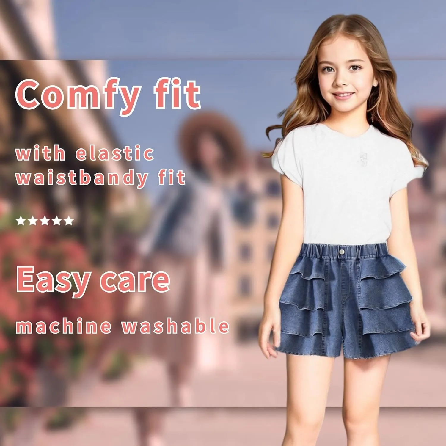 Kids Girls Jean Shorts Loose Fit Soft Cotton Comfy Ruffle Children Pull On Denim Shorts - Ages 4 to 14