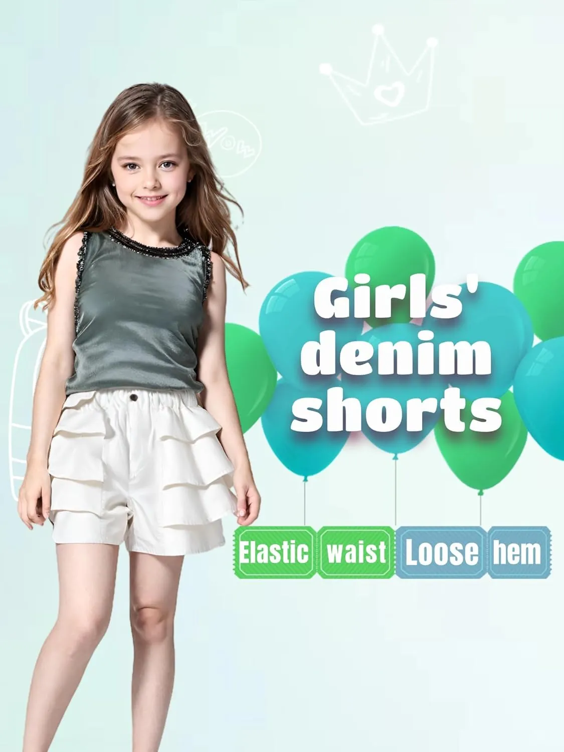 Kids Girls Jean Shorts Loose Fit Soft Cotton Comfy Ruffle Children Pull On Denim Shorts - Ages 4 to 14