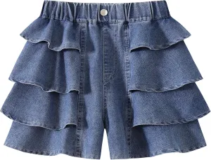 Kids Girls Jean Shorts Loose Fit Soft Cotton Comfy Ruffle Children Pull On Denim Shorts - Ages 4 to 14