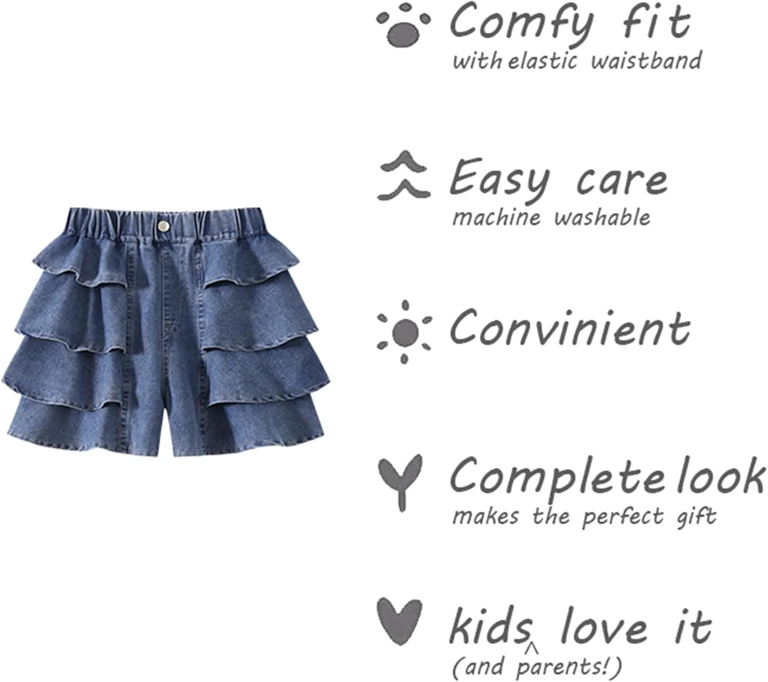 Kids Girls Jean Shorts Loose Fit Soft Cotton Comfy Ruffle Children Pull On Denim Shorts - Ages 4 to 14