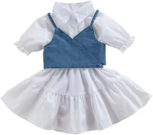 Kids Toddler Baby Girl Summer Outfit Short Sleeve T-Shirt Dress Tunic Tops with Denim Vest Corset 2pcs Clothes Set