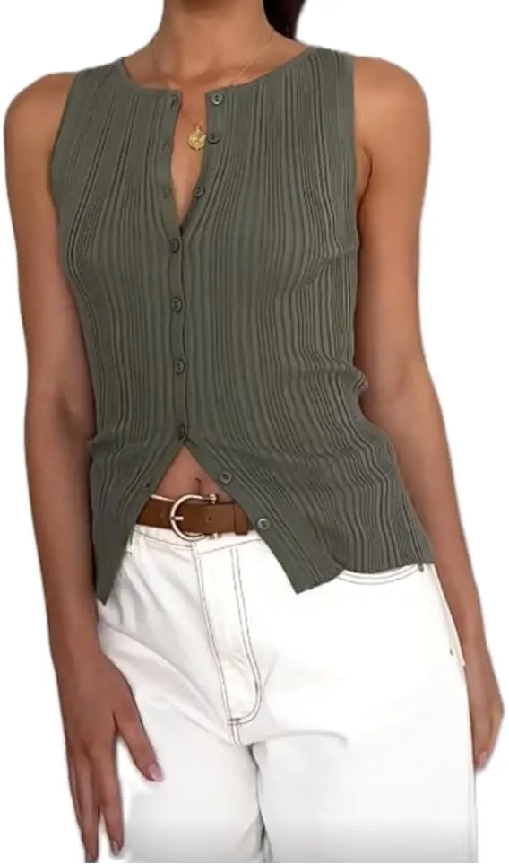 KMBANGI Women Button Down Knitted Vest Ribbed Tank Tops Button Up Open Front Knit Shirt Sleeveless Slim Fit Dressy Top