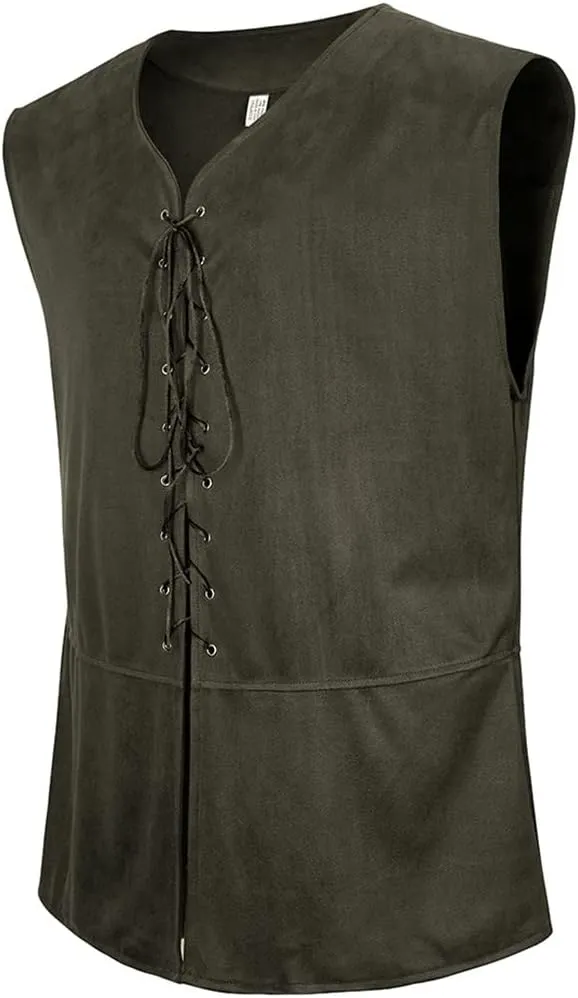 Kranchungel Mens Medieval Vest Pirate Costume Renaissance Steampunk Lace-up Viking Vest Gothic Waistcoat Outfit
