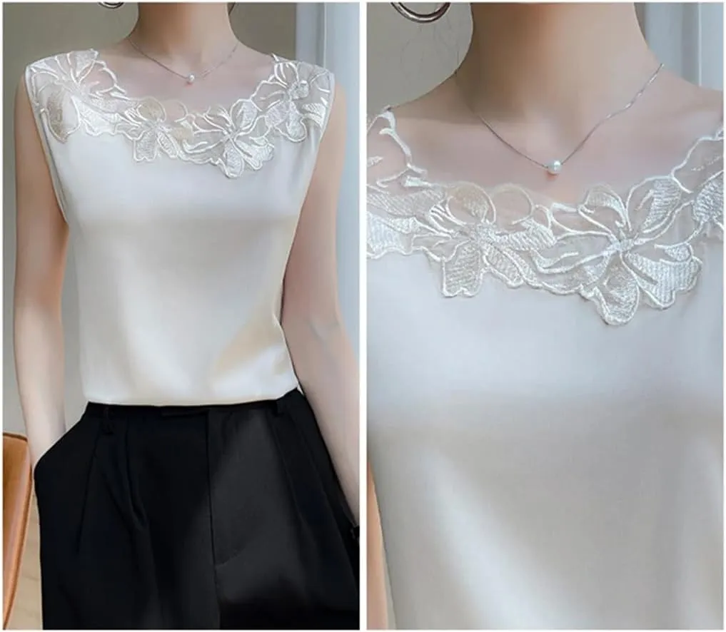 Lace O-Neck Silk Camisole Women Satin Bottoming Shirt Summer Vest Sleeveless Top Basic Tank Shirt