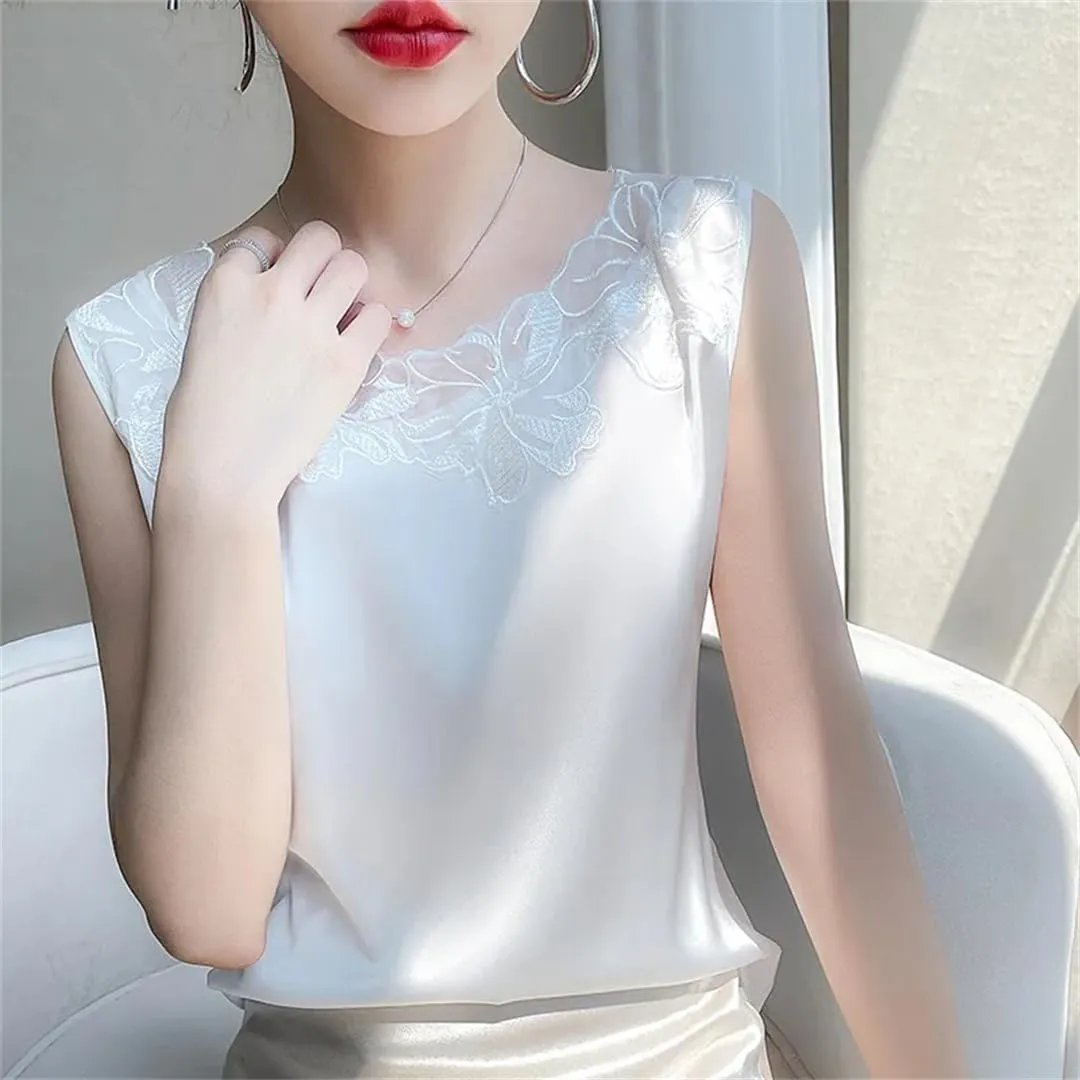 Lace O-Neck Silk Camisole Women Satin Bottoming Shirt Summer Vest Sleeveless Top Basic Tank Shirt